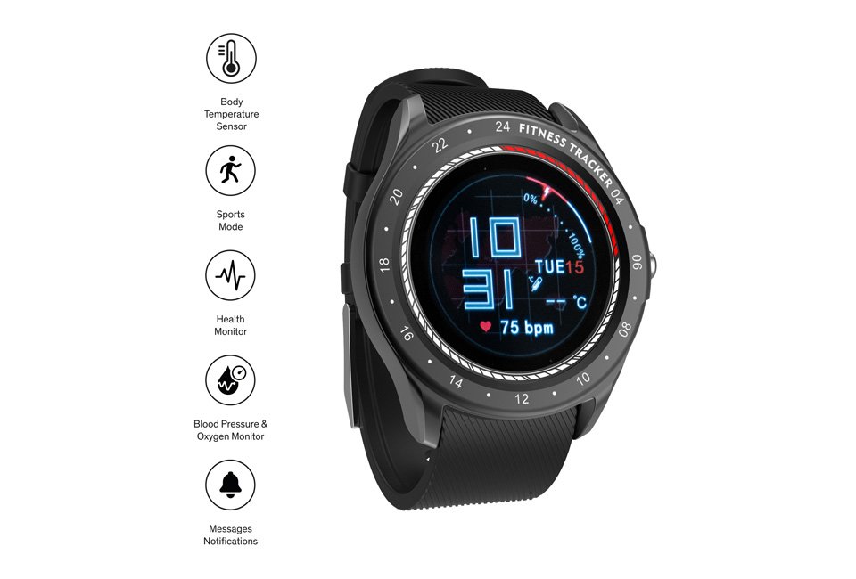 Smartwatch met gezondheidsfuncties zoals temperatuurmeting en hartslag