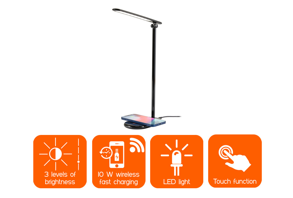 Lampe de bureau LED multifonctionnelle, station de rechargement sans fil incluse
