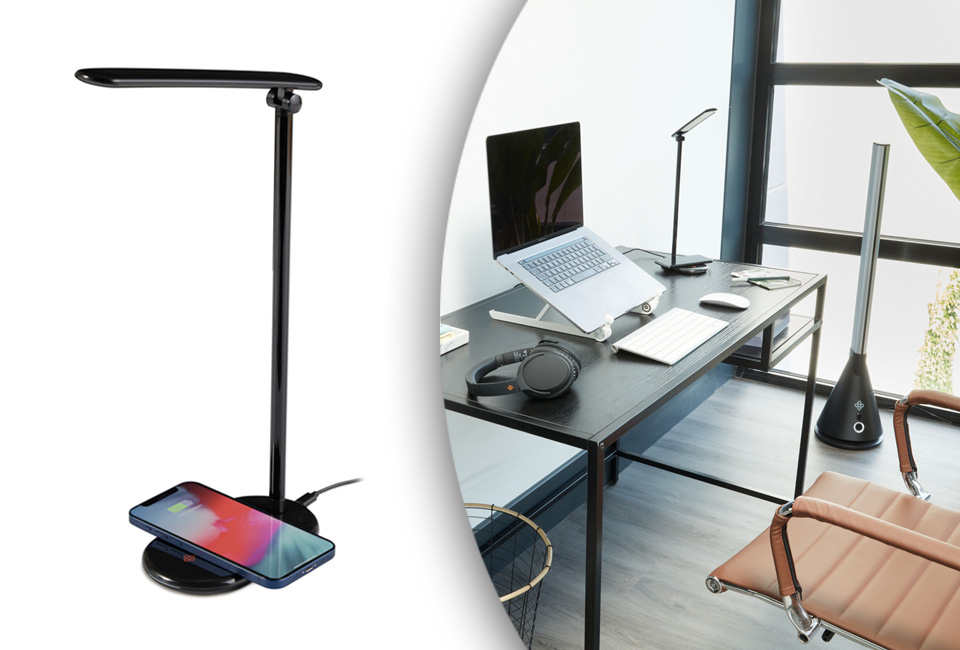 Lampe de bureau LED multifonctionnelle, station de rechargement sans fil incluse