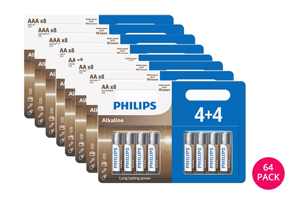 64 baterie alkaliczne Philips: AA lub AAA