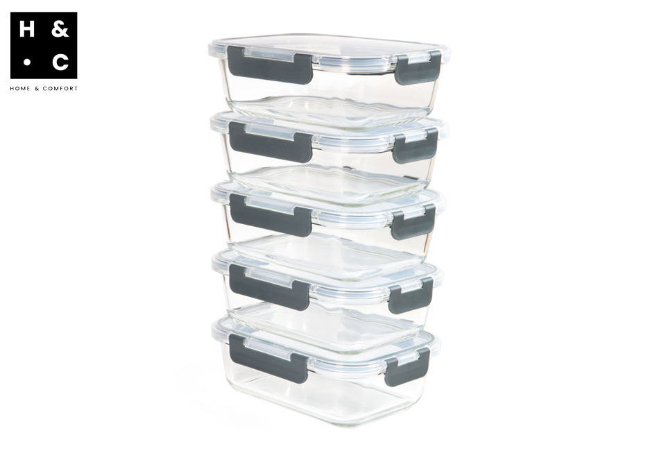 Set di 5 contenitori per alimenti in vetro con coperchio