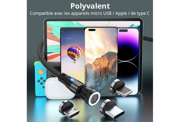 Câble de charge magnétique rotatif pour tout type de smartphone