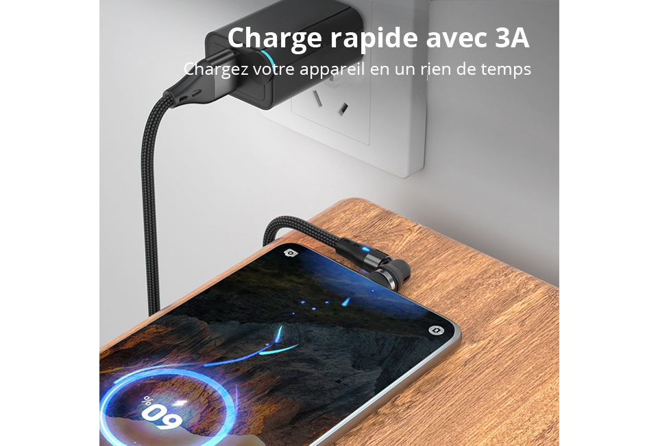 C&acirc;ble de charge magn&eacute;tique rotatif pour tout type de smartphone