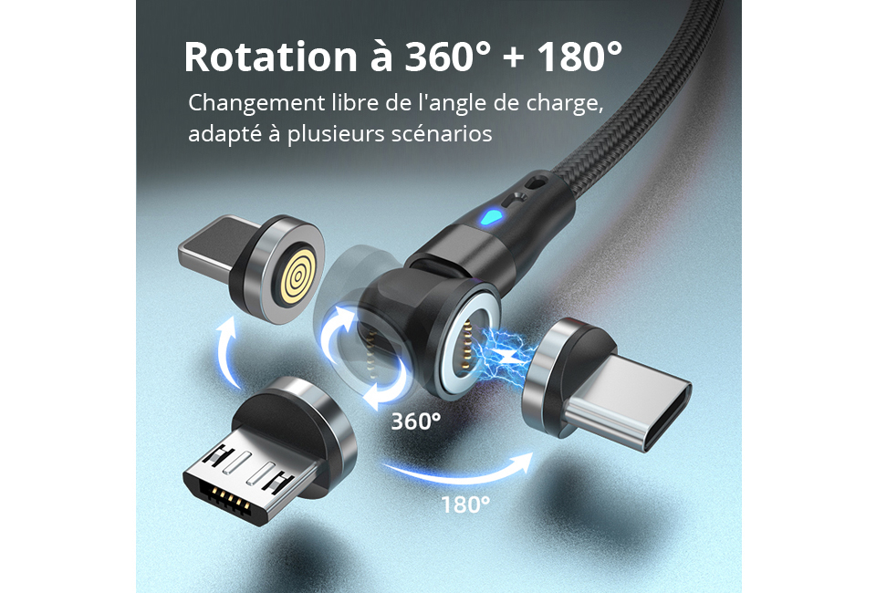 C&acirc;ble de charge magn&eacute;tique rotatif pour tout type de smartphone