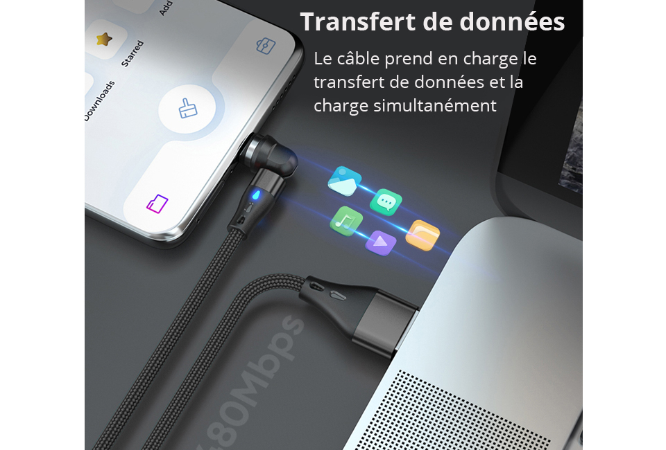 C&acirc;ble de charge magn&eacute;tique rotatif pour tout type de smartphone