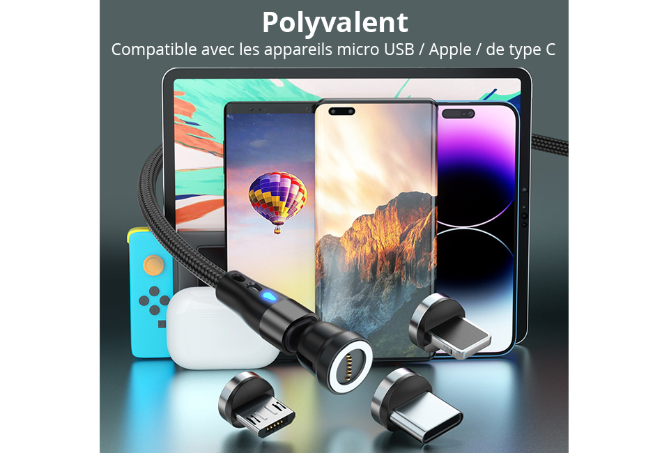 C&acirc;ble de charge magn&eacute;tique rotatif pour tout type de smartphone