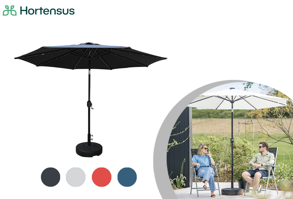 LED parasol with solar panel in 4 different colours