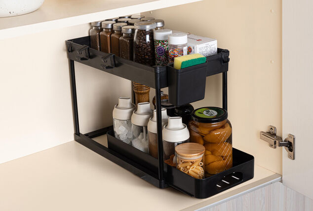 Space-saving organizer for sink cabinet