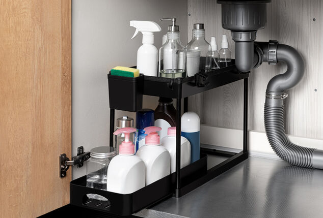 Space-saving organizer for sink cabinet