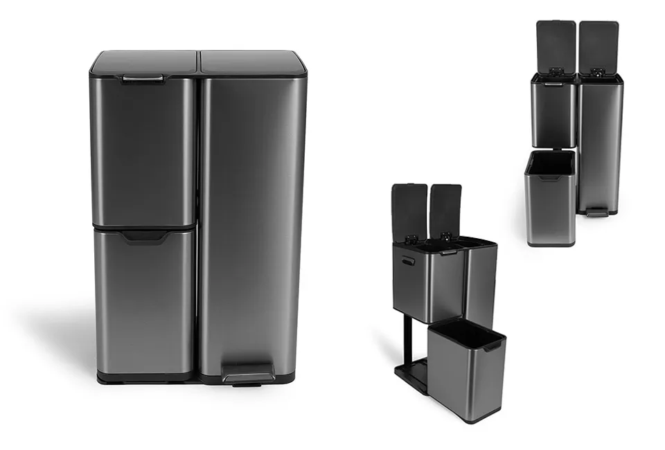 Soft-close waste bin with 3 compartments