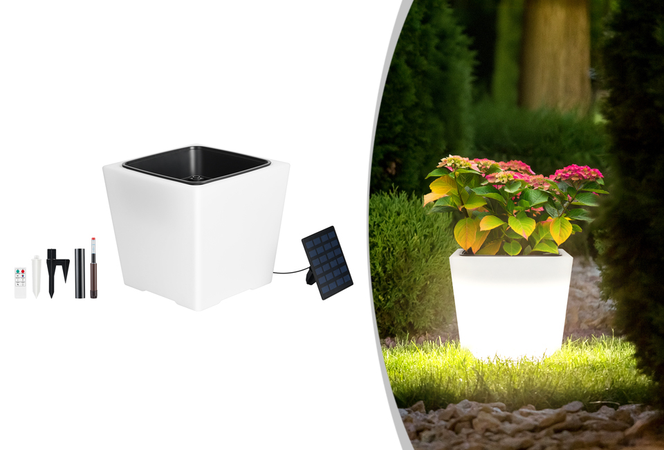 Pot de fleurs avec &eacute;clairage LED et syst&egrave;me d&#039;irrigation