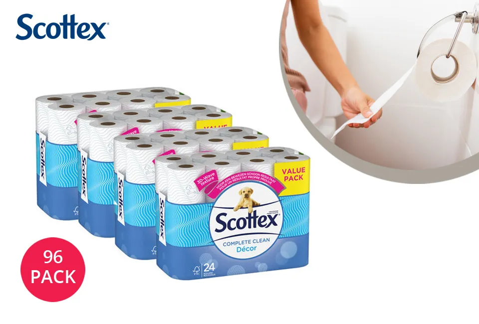 Voordeelpak van 96 rollen Scottex Complete Clean D&eacute;cor toiletpapier