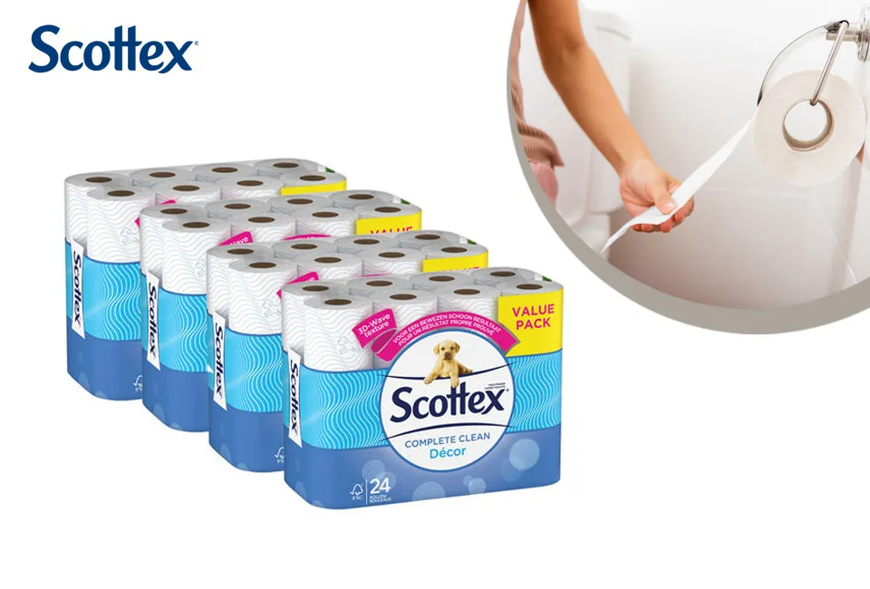 Pack avantageux de 96 rouleaux de papier toilette Scottex Complete Clean D&eacute;cor