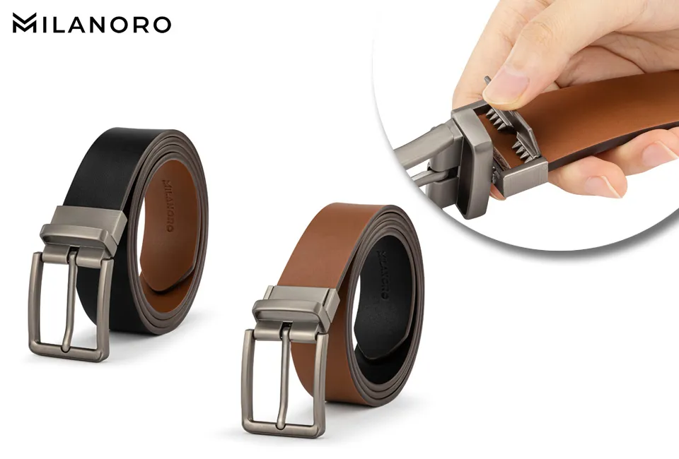 Ceinture en cuir &agrave; boucle r&eacute;versible noir et cognac 2-en-1