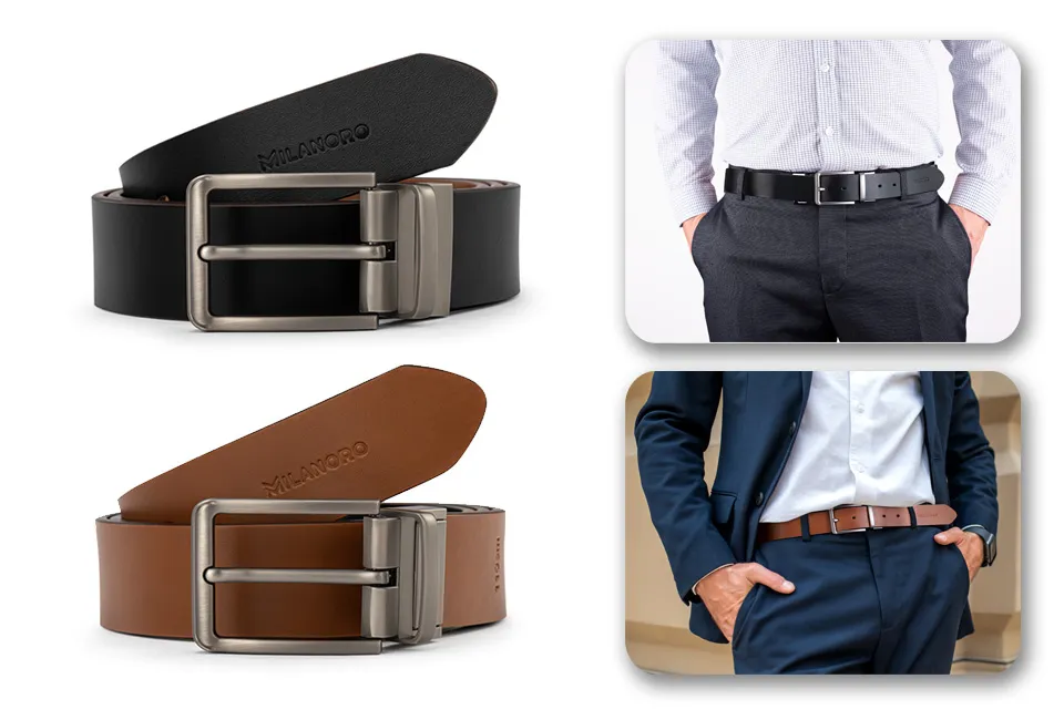 Ceinture en cuir &agrave; boucle r&eacute;versible noir et cognac 2-en-1