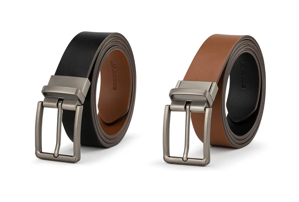 Ceinture en cuir &agrave; boucle r&eacute;versible noir et cognac 2-en-1