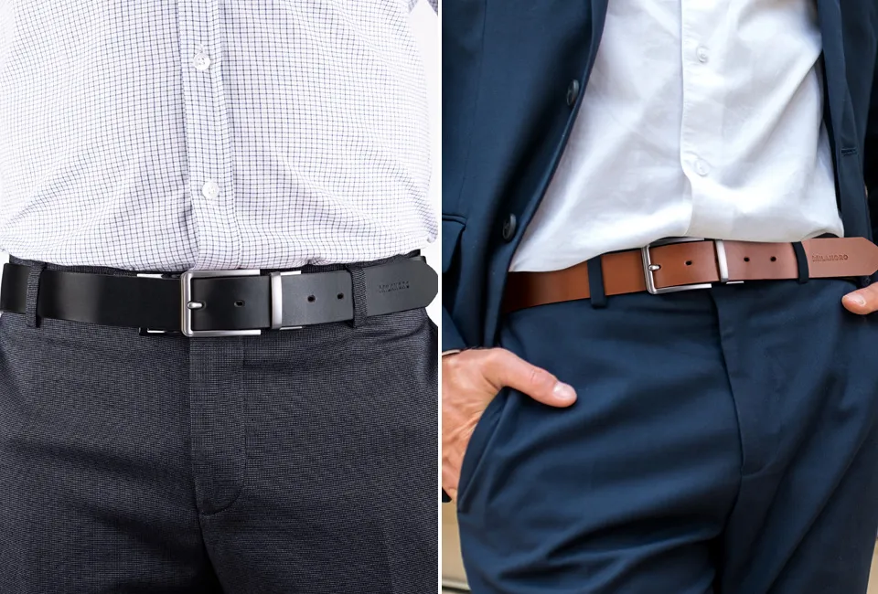 Ceinture en cuir &agrave; boucle r&eacute;versible noir et cognac 2-en-1