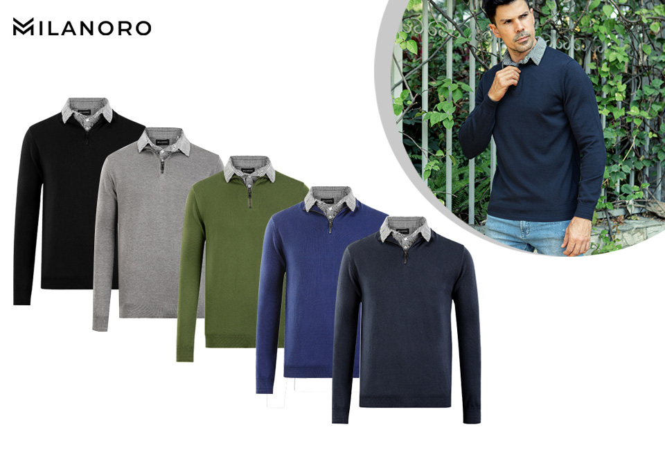 Men's pullover with shirt collar and half-zipper