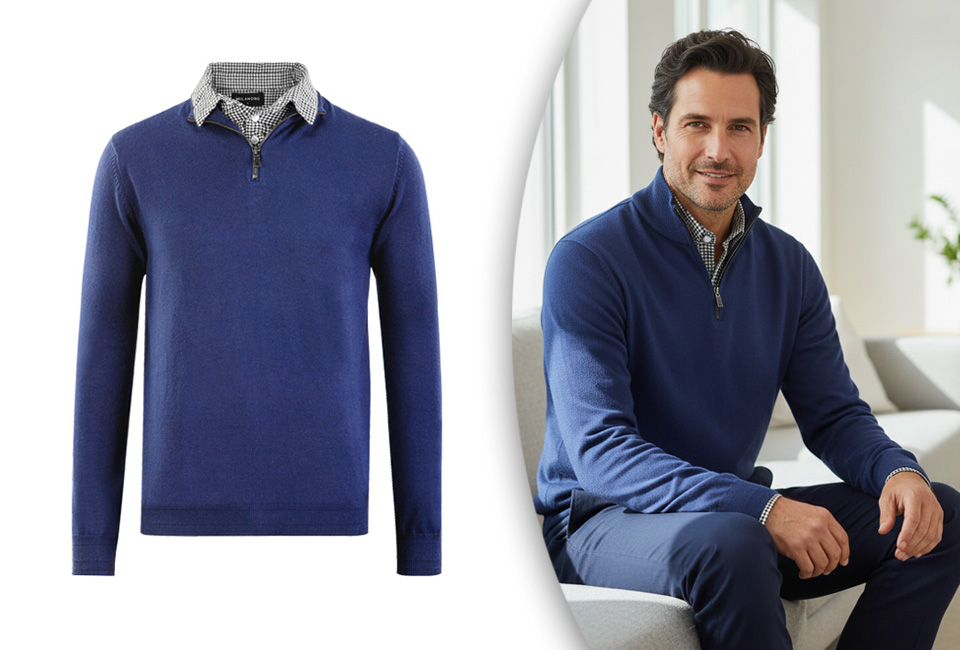 Men's pullover with shirt collar and half-zipper