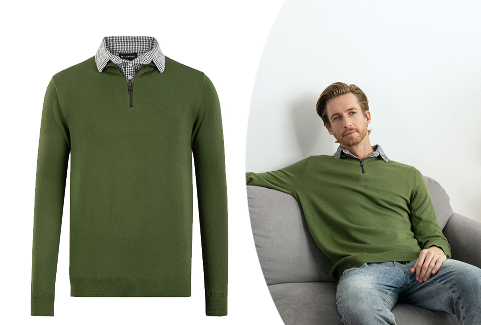 Men's pullover with shirt collar and half-zipper