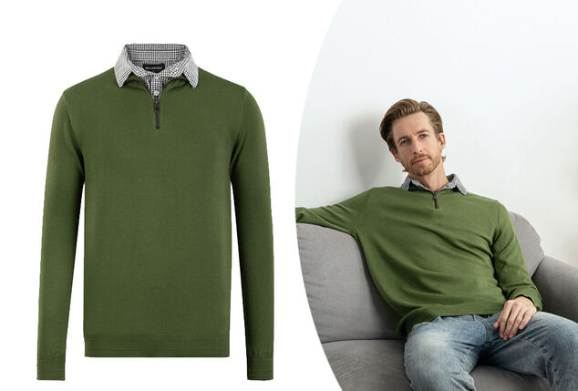 Men's pullover with shirt collar and half-zipper