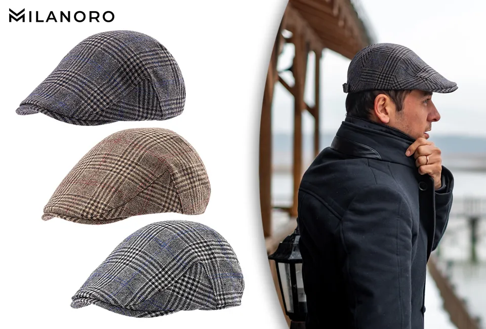 Warme platte pet met ruitpatroon