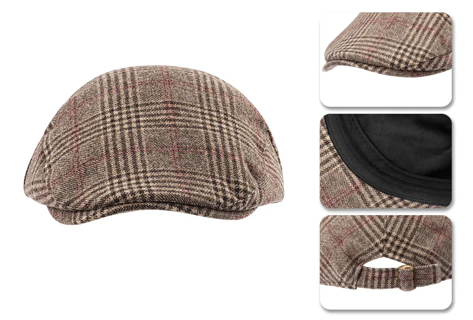 Warme platte pet met ruitpatroon