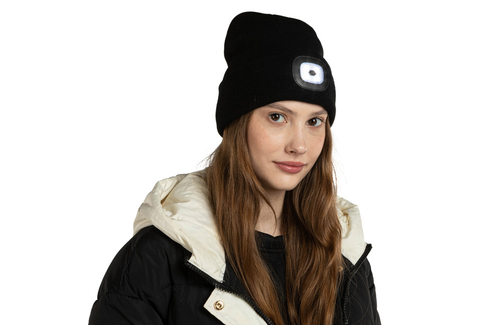 Safer and more visible with this beanie with built-in LED headlamp