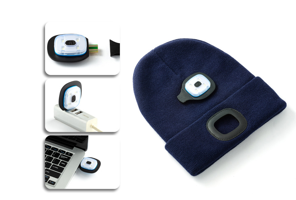 Safer and more visible with this beanie with built-in LED headlamp