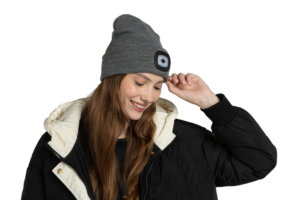 Safer and more visible with this beanie with built-in LED headlamp