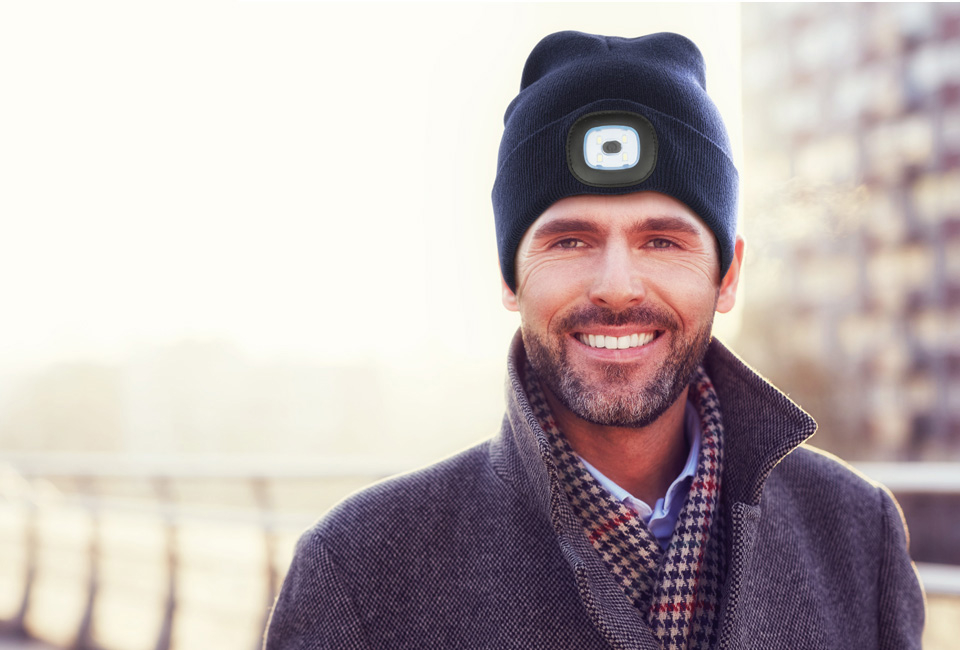 Safer and more visible with this beanie with built-in LED headlamp