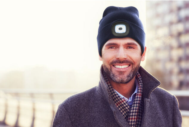 Safer and more visible with this beanie with built-in LED headlamp