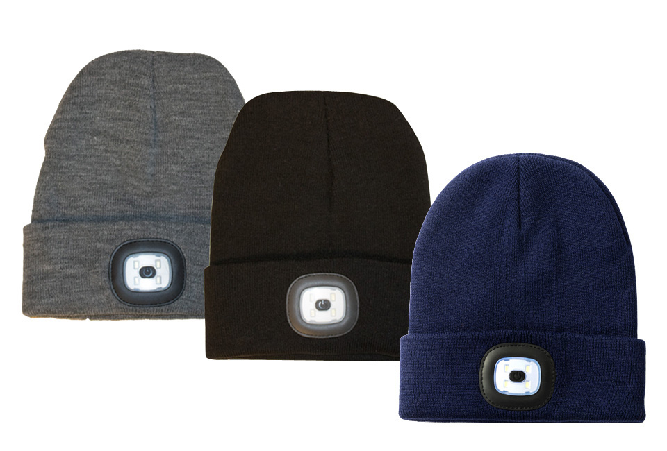 Safer and more visible with this beanie with built-in LED headlamp