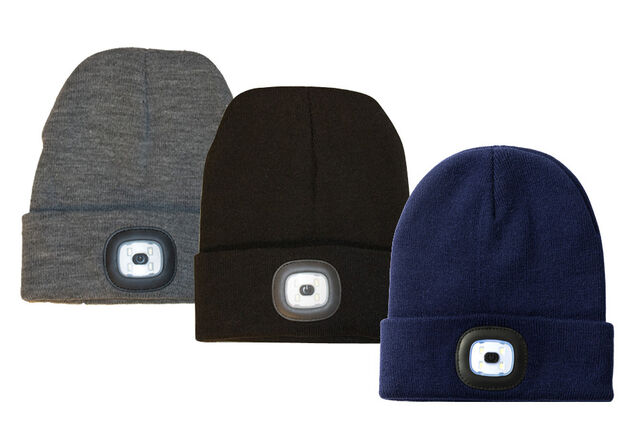 Safer and more visible with this beanie with built-in LED headlamp
