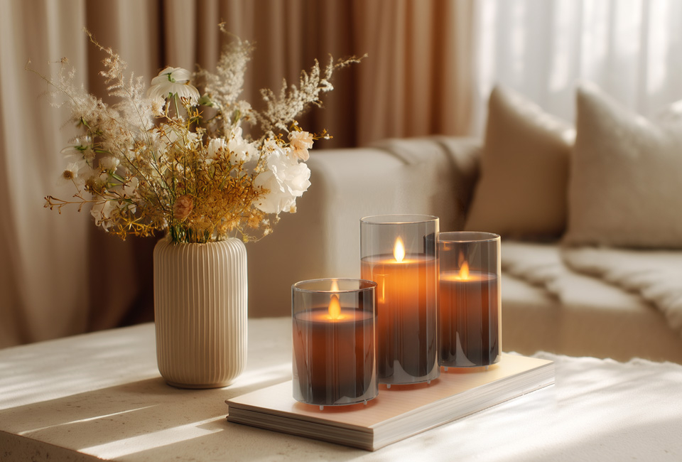 Conjunto elegante de 3 velas LED recarregáveis com vidro