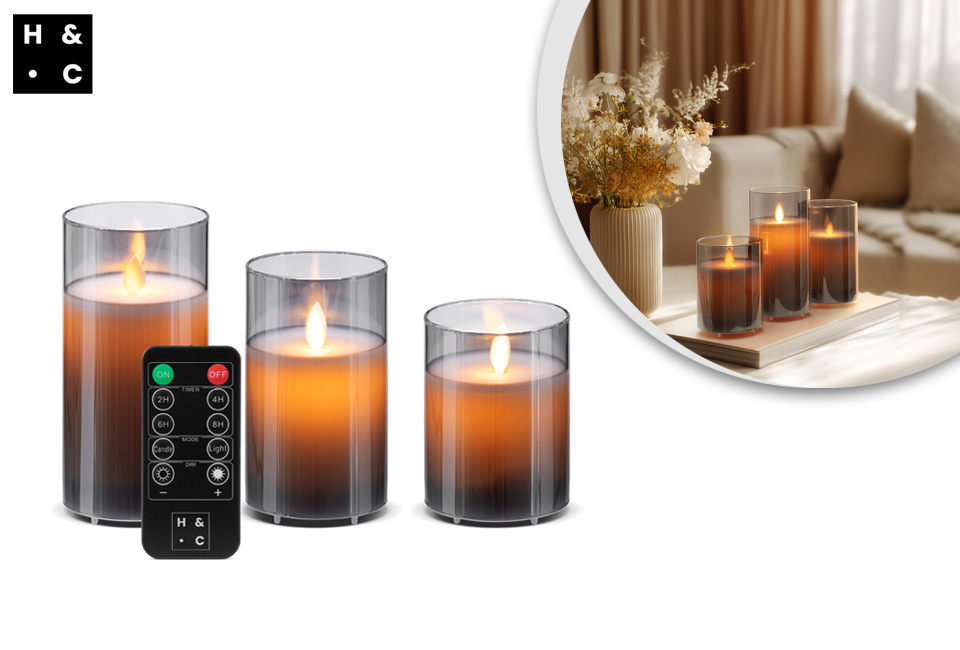 Conjunto elegante de 3 velas LED recarregáveis com vidro