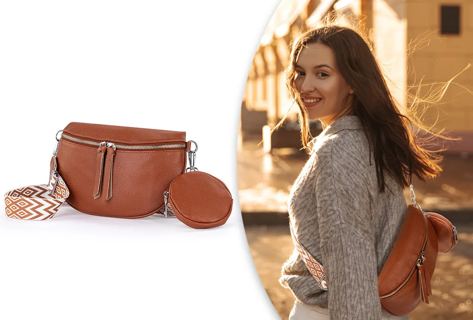 Stylowa sk&oacute;rzana torebka z saszetką lub portfelem gratis