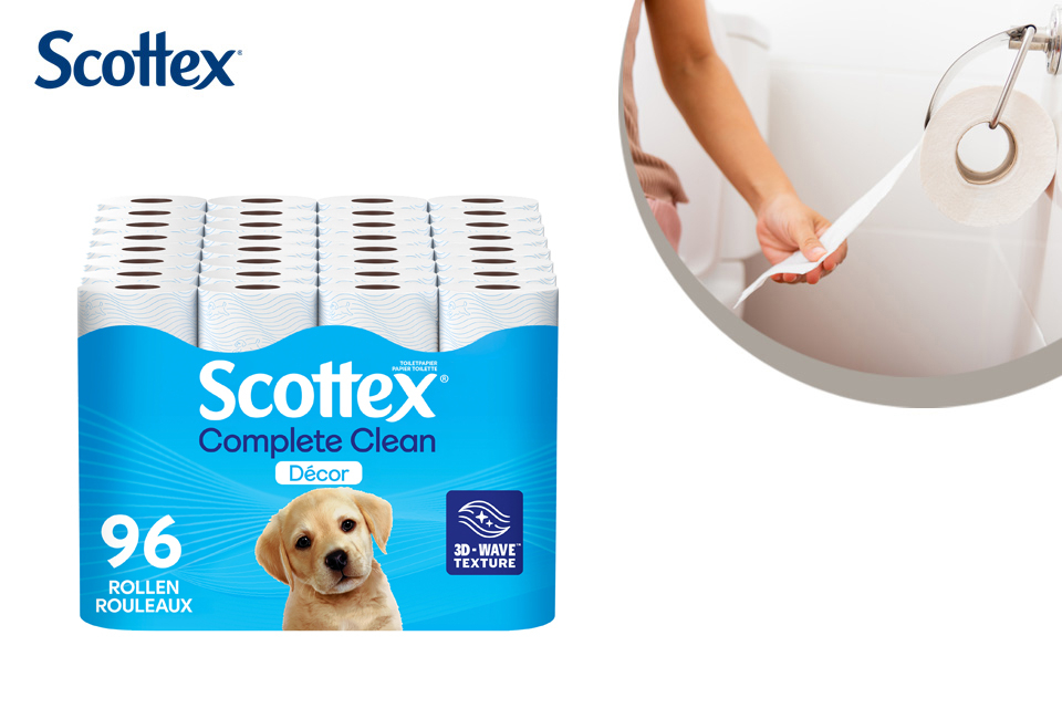 Pack avantageux de 96 rouleaux de papier toilette Scottex Complete Clean Décor