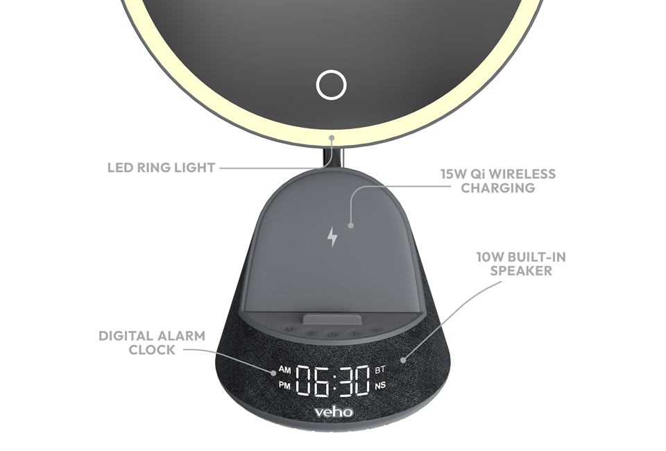 5-in-1-Radiowecker mit Spiegel, Bluetooth-Lautsprecher und kabellosem Ladegerät