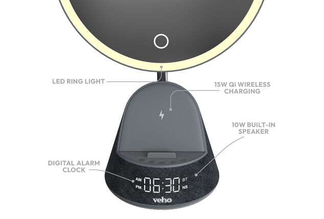 5-in-1-Radiowecker mit Spiegel, Bluetooth-Lautsprecher und kabellosem Ladegerät