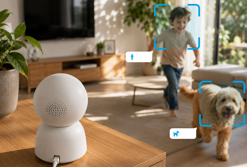 Caméra de sécurité intérieure intelligente avec vision nocturne et carte mémoire SD en option