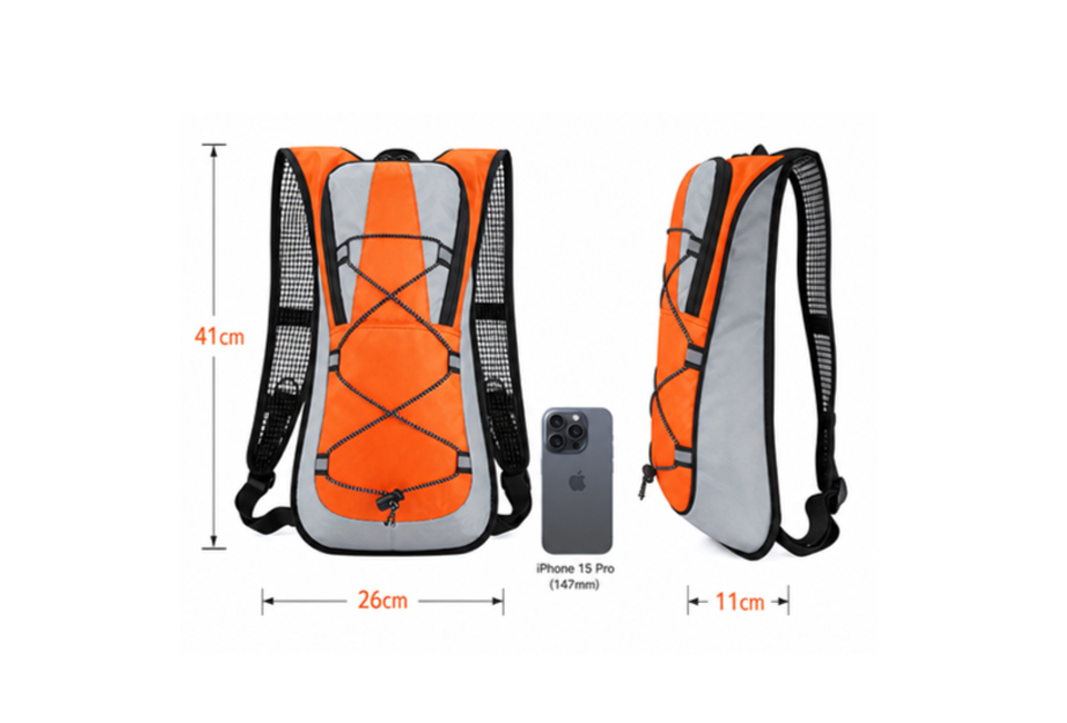Handy hydration backpack in black or orange - ideal for running, cycling and hiking