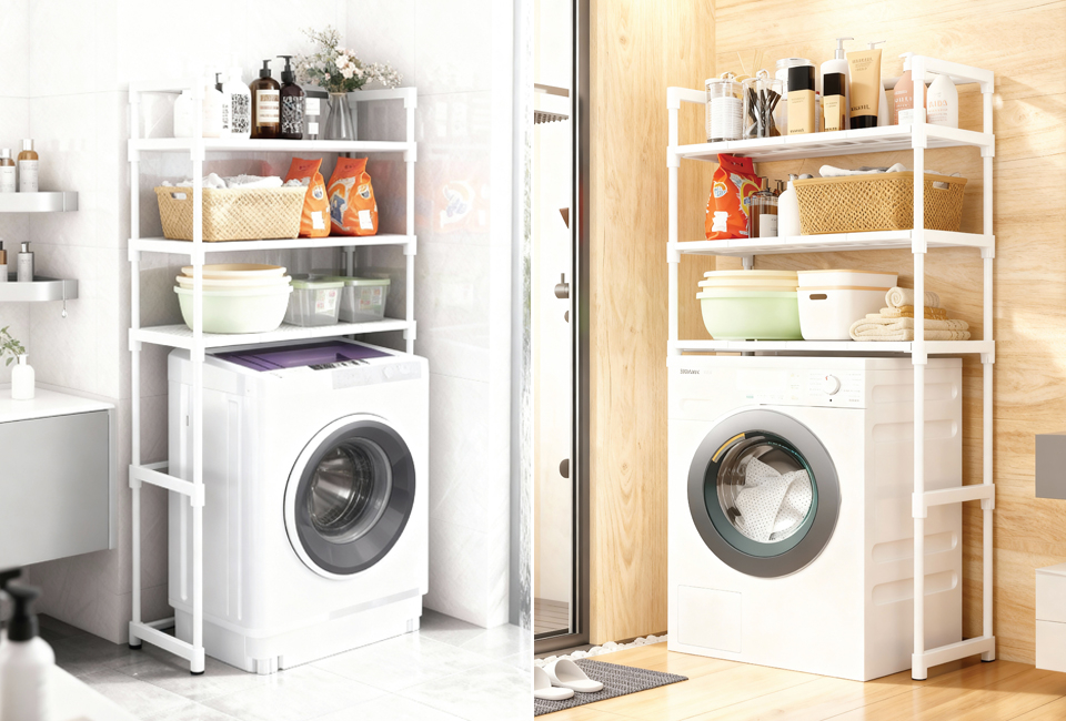 Ruimtebesparend ombouwrek voor wasmachine met 3 legplanken