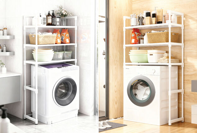 Ruimtebesparend ombouwrek voor wasmachine met 3 legplanken