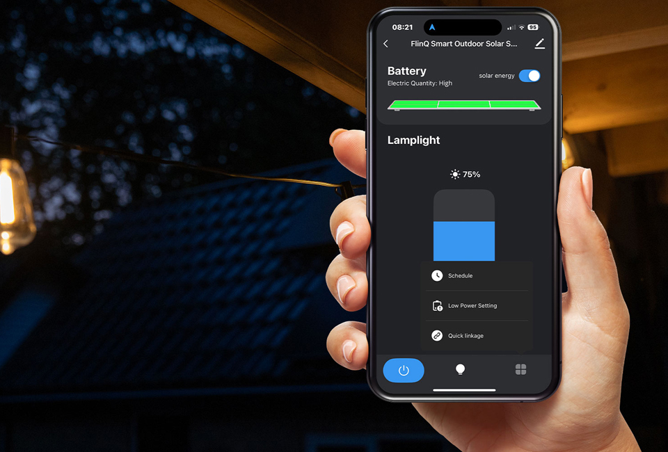 Guirlande lumineuse solaire intelligente avec commande via l'application et option de charge USB-C